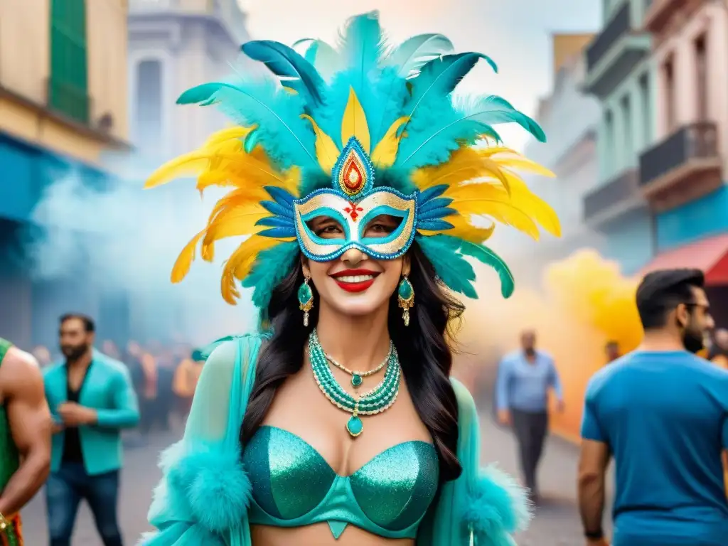 Diseñadores Uruguayos reinventan Carnaval en Montevideo Un vibrante cuadro de acuarela muestra a diseñadores contemporáneos en Uruguay, con trajes Carnaval llenos de color y creatividad