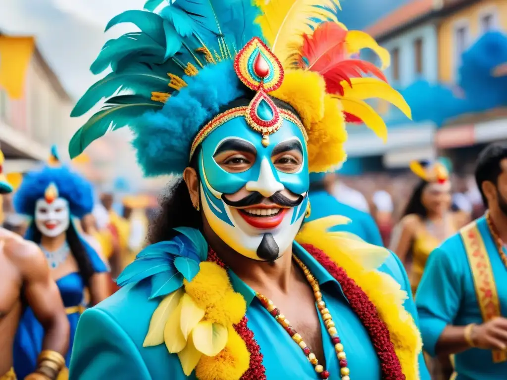 Colorida celebración en Carnaval uruguayo Un vibrante cuadro de acuarela que muestra la diversidad en el Carnaval Uruguayo promueve inclusión social