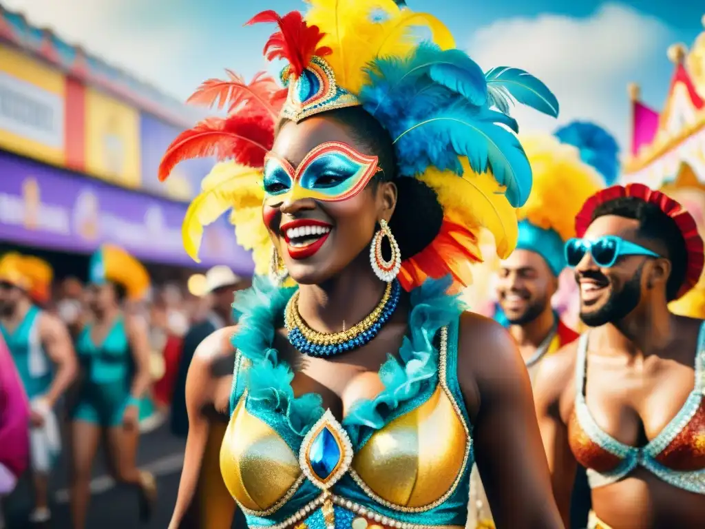 Colorido desfile de carnaval: diversidad, alegría y unidad Un vibrante cuadro de acuarela que representa la diversidad inclusiva del Carnaval Uruguayo