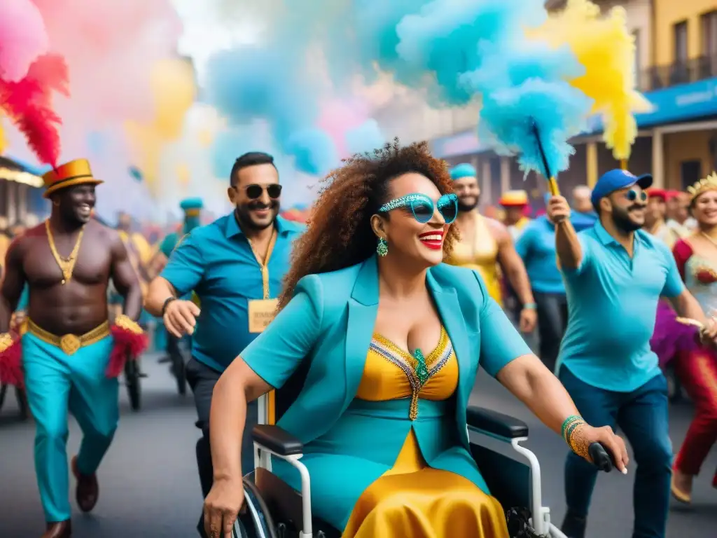 Carnaval inclusivo: celebrando la diversidad con alegría Un vibrante cuadro acuarela muestra diversidad en el Carnaval Uruguayo
