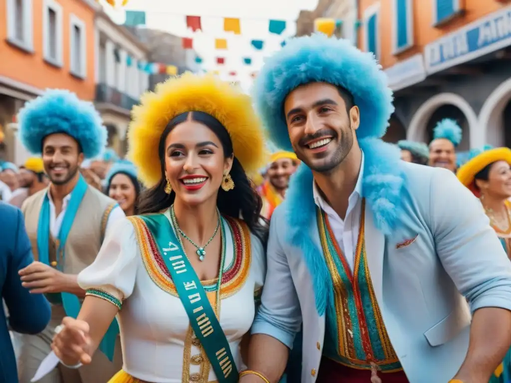 Desfile de Carnaval: Emigrantes uruguayos celebran con alegría Un vibrante cuadro acuarela de emigrantes uruguayos celebrando el Carnaval, unidos en fiesta y nostalgia