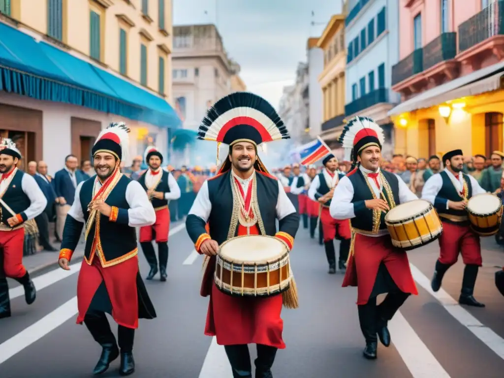 Murga uruguaya: colorida tradición en las calles de Montevideo Un vibrante cuadro de acuarela que muestra la energía y colorido de las murgas uruguayas en el mundo, desfilando por las calles de Montevideo