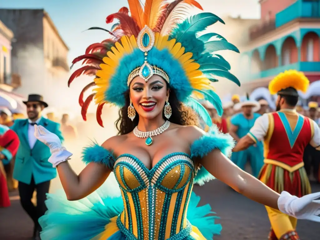 Vibrante Carnaval Uruguayo: Baile, Color y Tradición Un vibrante cuadro de acuarela que captura la energía y colores del Carnaval Uruguayo