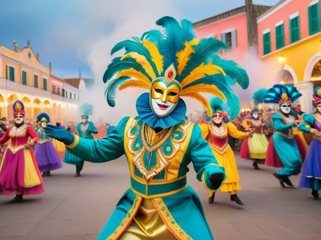 Baile en Carnaval: Colorida danza de enmascarados en Uruguay Un vibrante cuadro de acuarela que captura la energía de bailarines enmascarados en el Carnaval Uruguayo, mezcla de alegría y misterio en sus rostros