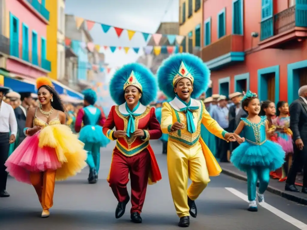 Colorido carnaval infantil en Montevideo, Uruguay Un vibrante cuadro acuarela de escena callejera en Montevideo, Uruguay durante Carnaval
