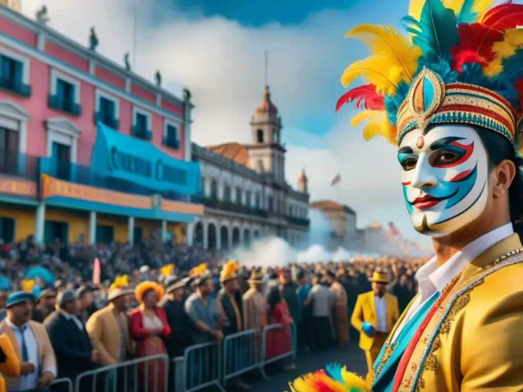 Carnaval en Uruguay: Tablado y Desfile Un vibrante cuadro acuarela muestra escenas contrastantes del Carnaval Uruguayo
