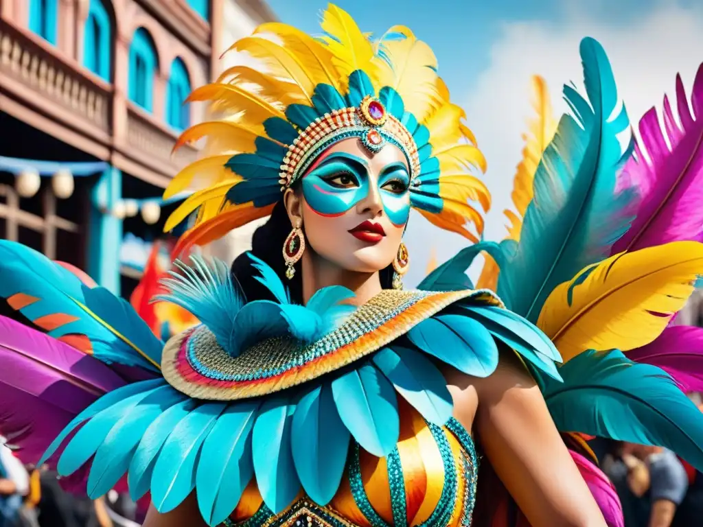 Espectacular Carnaval Uruguayo: esculturas coloridas en movimiento Un vibrante cuadro de acuarela representa esculturas del Carnaval Uruguayo en movimiento tridimensional