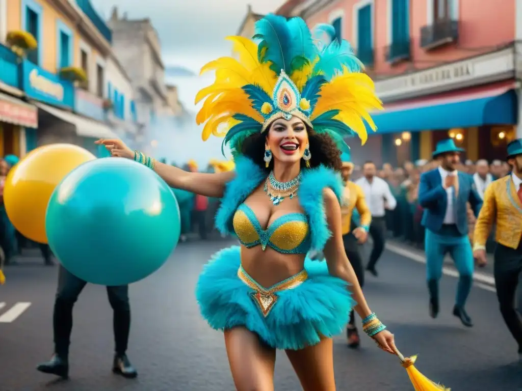 Carnaval Uruguayo: Explosión de color y alegría Un vibrante cuadro acuarela que captura la esencia del Carnaval Uruguayo, con una conexión entre Julio Sosa y la celebración