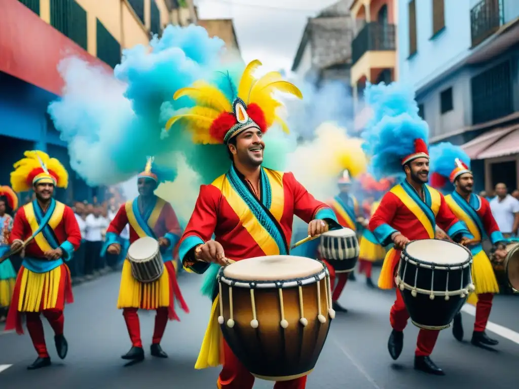 Vibrante pintura de Candombe en el Carnaval de Uruguay Un vibrante cuadro de acuarela que representa el futuro del Candombe en el Carnaval de Uruguay, con tambores y colores tradicionales