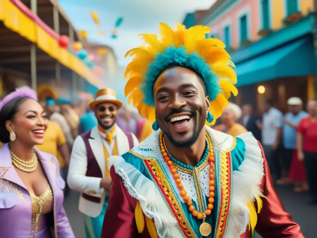 Tradición familiar: tres generaciones danzando en vibrante carnaval Un vibrante cuadro de acuarela que muestra tres generaciones de una familia en trajes de carnaval, celebrando juntas