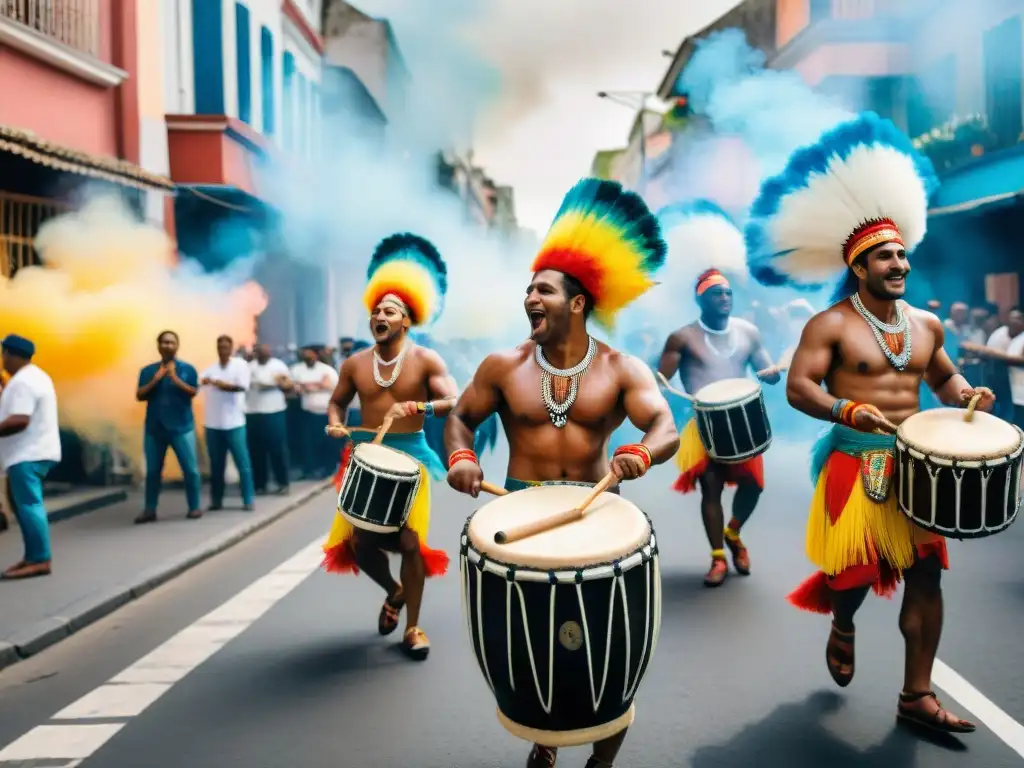 Desfile de Tambores Candombe: Pasión y Ritmo en las Calles Un vibrante cuadro de acuarela que muestra a un grupo de tamborileros de Candombe en atuendo tradicional, tocando con pasión en un desfile callejero