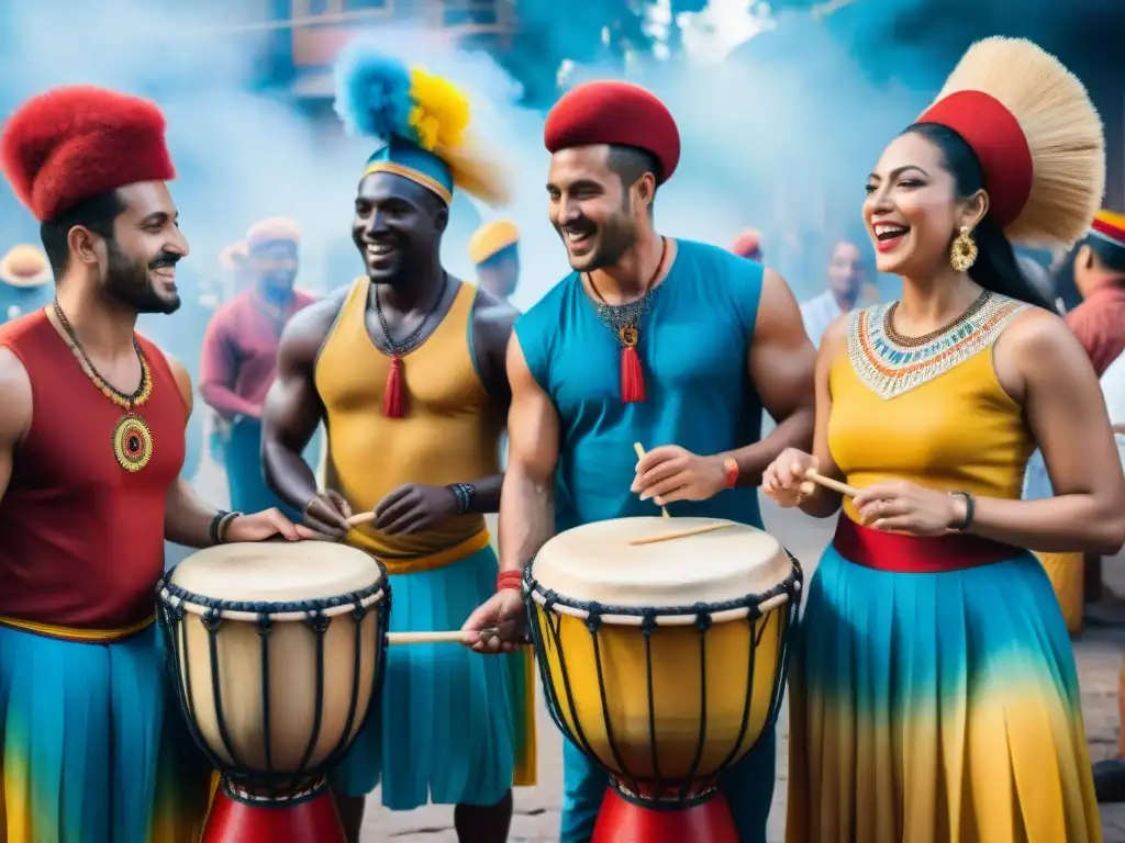 Candombe: Vibrante taller de tambores y comunidad Un vibrante cuadro de acuarela que muestra a un grupo diverso tocando tambores de Candombe en talleres culturales de Uruguay