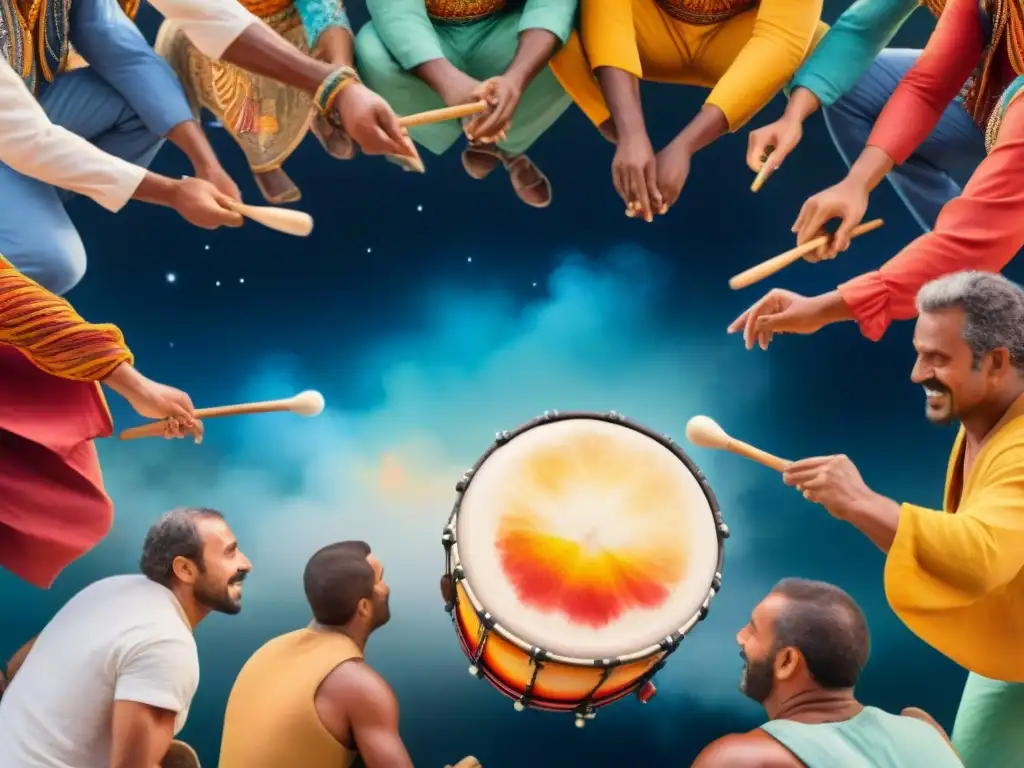 Círculo de tambores: ritmo y diversidad en Candombe Un vibrante cuadro de acuarela mostrando un grupo diverso tocando tambores bajo el cielo estrellado en Talleres de Candombe en Uruguay