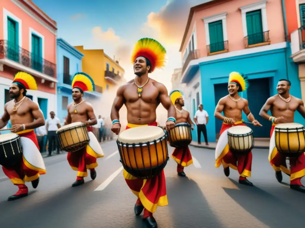 Vibrante Candombe en Montevideo: pasión y color en acuarela Un vibrante cuadro de acuarela que plasma el impacto del candombe y la moda uruguaya en una procesión llena de color y energía en Montevideo