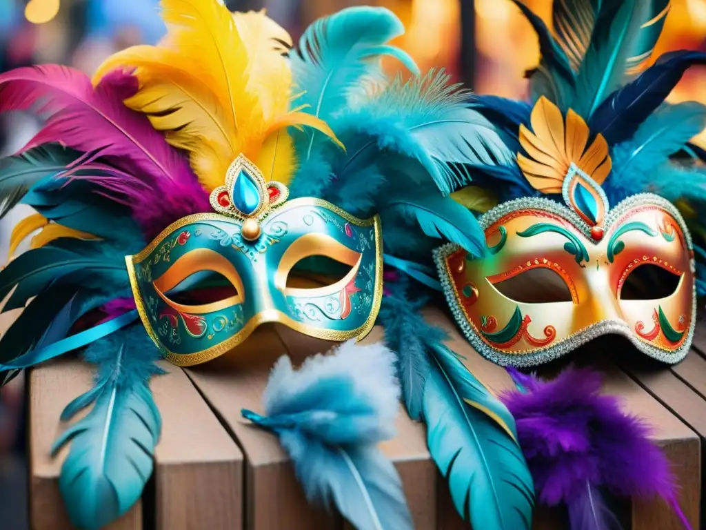 Máscaras de carnaval uruguayo: colores y tradición Un vibrante cuadro acuarela de máscaras de carnaval uruguayo, reflejando la artesanía y tradición festiva