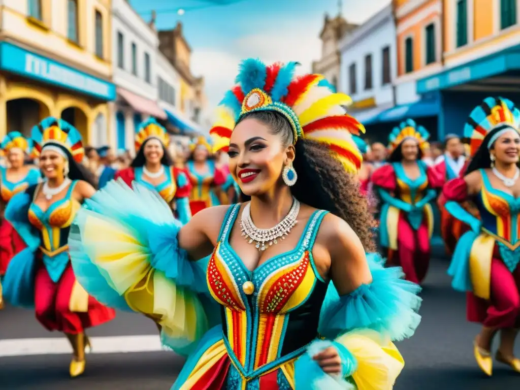 Mujeres empoderadas en Carnaval uruguayo Un vibrante cuadro de acuarela de Mujeres en el Carnaval Uruguayo, mostrando su empoderamiento y alegría en el desfile