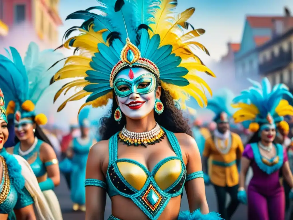 Desfile de mujeres empoderadas en Carnaval uruguayo Un vibrante cuadro de acuarela que representa a Mujeres en el Carnaval Uruguayo, danzando alegres en un desfile colorido y festivo