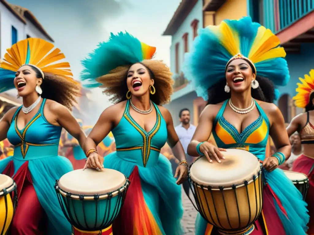 Mujeres poderosas en Candombe: pintura acuarela Un vibrante cuadro de acuarela retratando a mujeres en el Candombe Uruguayo tocando tambores con pasión y destreza, uniendo fuerzas en armonía