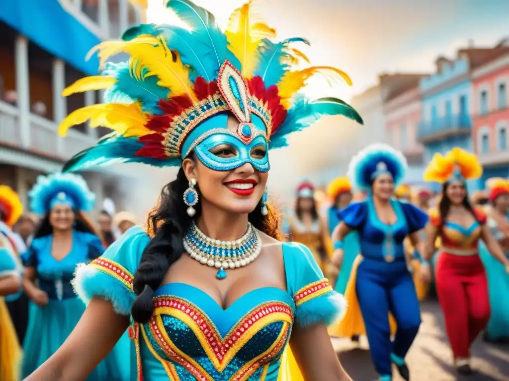 Desfile de Carnaval en Uruguay: Mujeres empoderadas en trajes tradicionales Un vibrante cuadro de acuarela con mujeres en el Carnaval Uruguayo, luciendo trajes tradicionales y celebrando con alegría