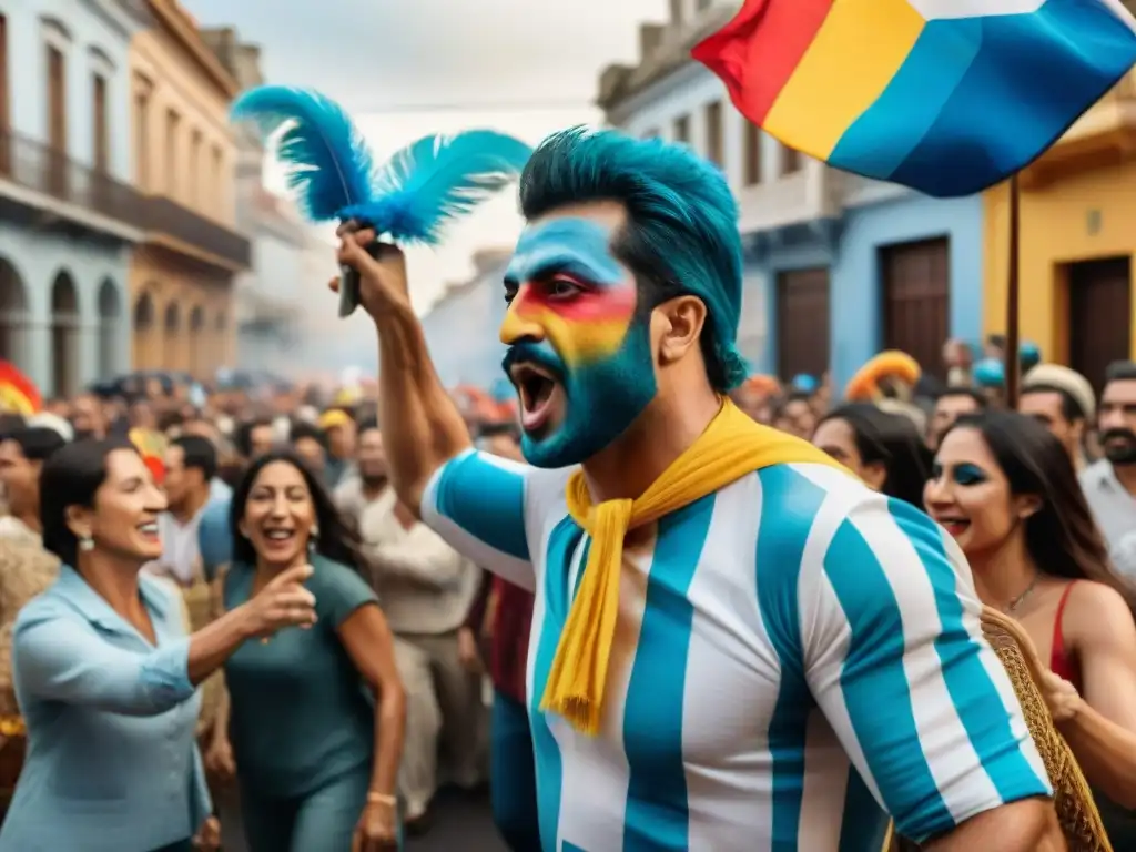 Colorida murga uruguaya: tradición política y cultural Un vibrante cuadro de acuarela de una murga en Uruguay, con historia política y colores vivos