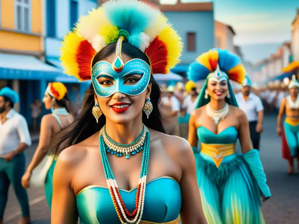 Vibrante murga femenina en Carnaval de Uruguay Un vibrante cuadro de acuarela de murgas femeninas en Uruguay, rompiendo estereotipos con confianza y coloridos trajes en un desfile de carnaval