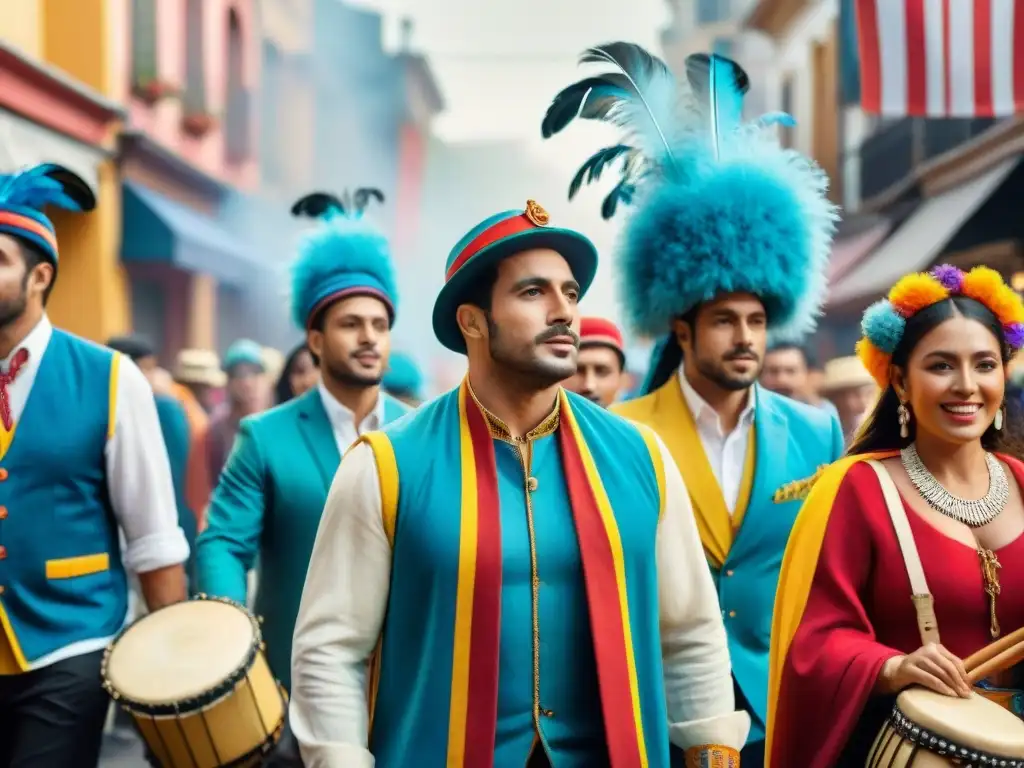 Vibrante pintura acuarela de murgueros uruguayos en desfile callejero Un vibrante cuadro acuarela de murgueros uruguayos en atuendos tradicionales, desfilando en una calle festiva