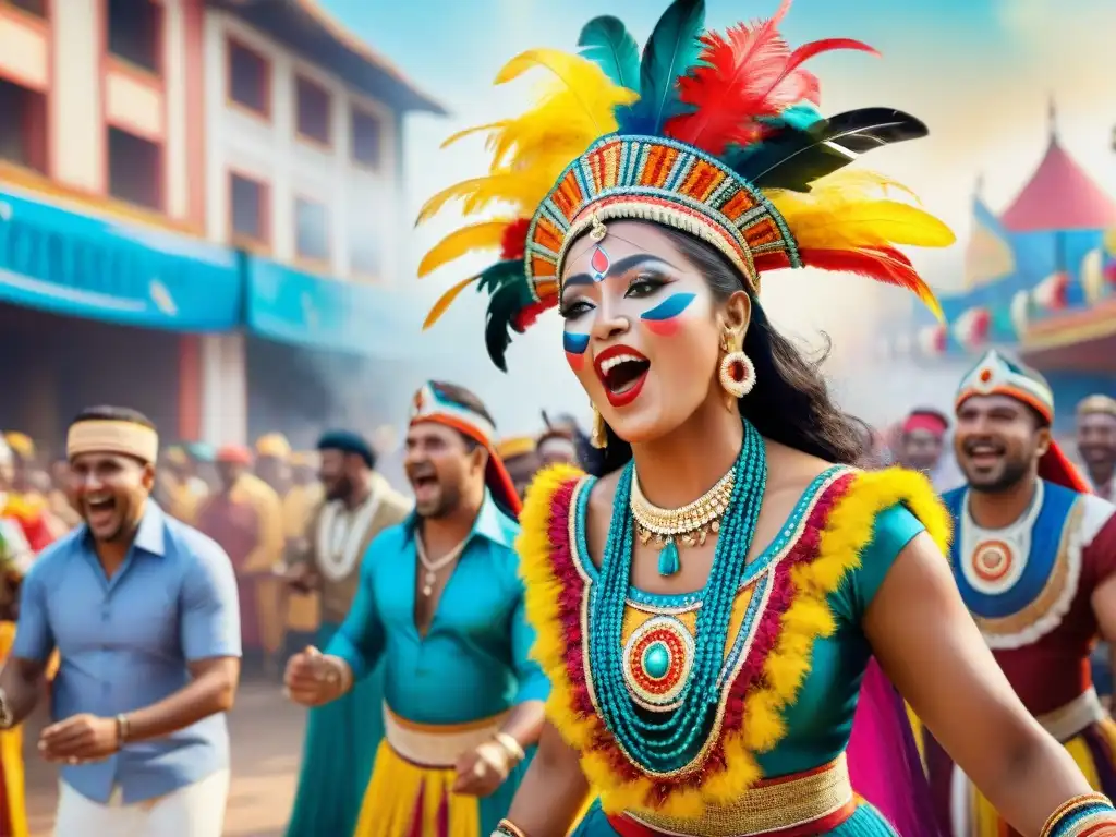 Intensa actuación de murga: color y alegría en Carnaval Un vibrante cuadro de acuarela de murgueros cantando y bailando en coloridos trajes tradicionales, con plumas y instrumentos musicales