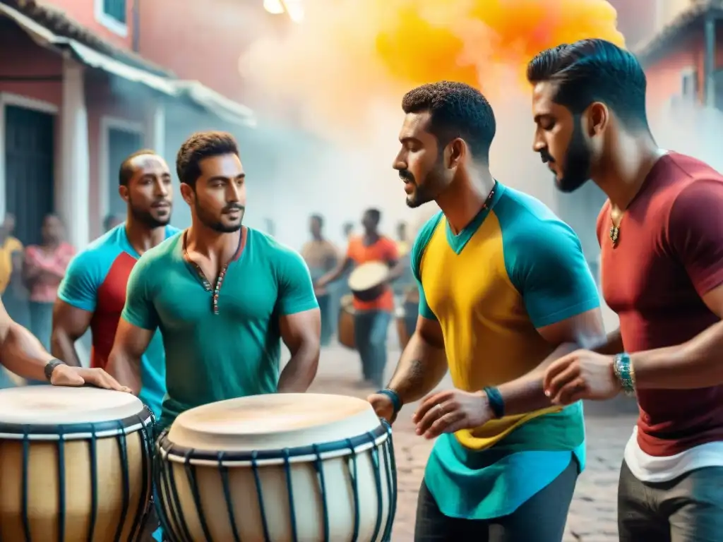 Colorida pintura acuarela de músicos de Candombe en Uruguay Un vibrante cuadro acuarela de músicos tocando tambores de Candombe en talleres en Uruguay