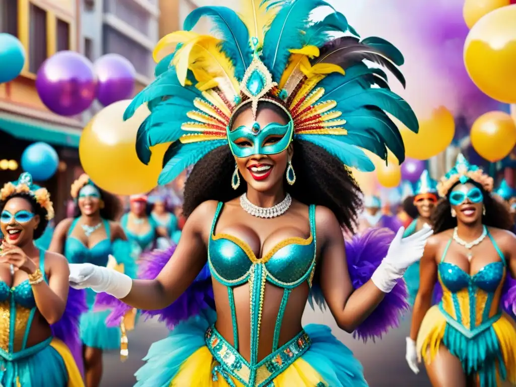 Deslumbrante carnaval de mujeres en acuarela Un vibrante cuadro de acuarela que muestra la participación de mujeres en murgas, con trajes de carnaval llenos de color y alegría