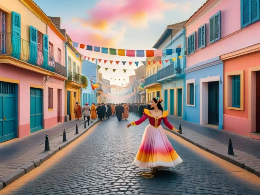 Callejón festivo en Uruguay: carnaval en acuarela Un vibrante cuadro de acuarela que retrata una pintoresca calle en Uruguay durante la temporada de Carnaval
