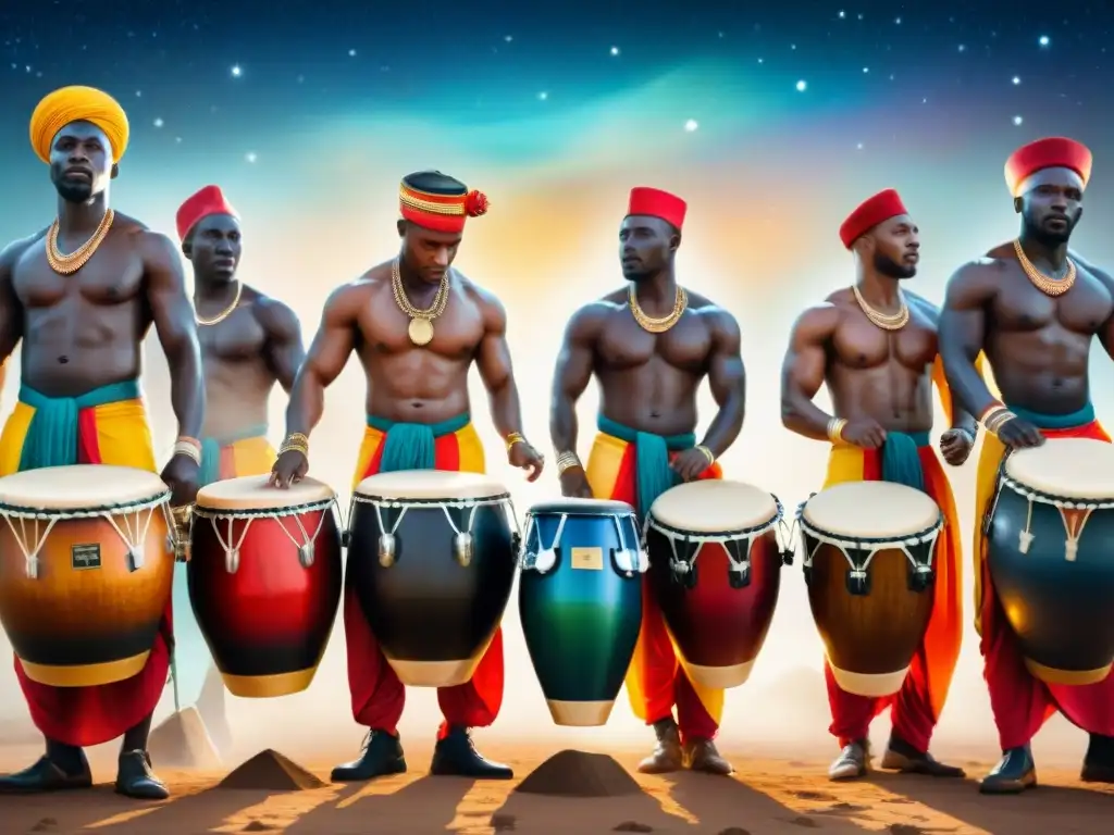 Drummers africanos bajo el cielo estrellado Un vibrante cuadro de acuarela que muestra tambores africanos bajo un cielo estrellado, con bandas de carnaval en silueta