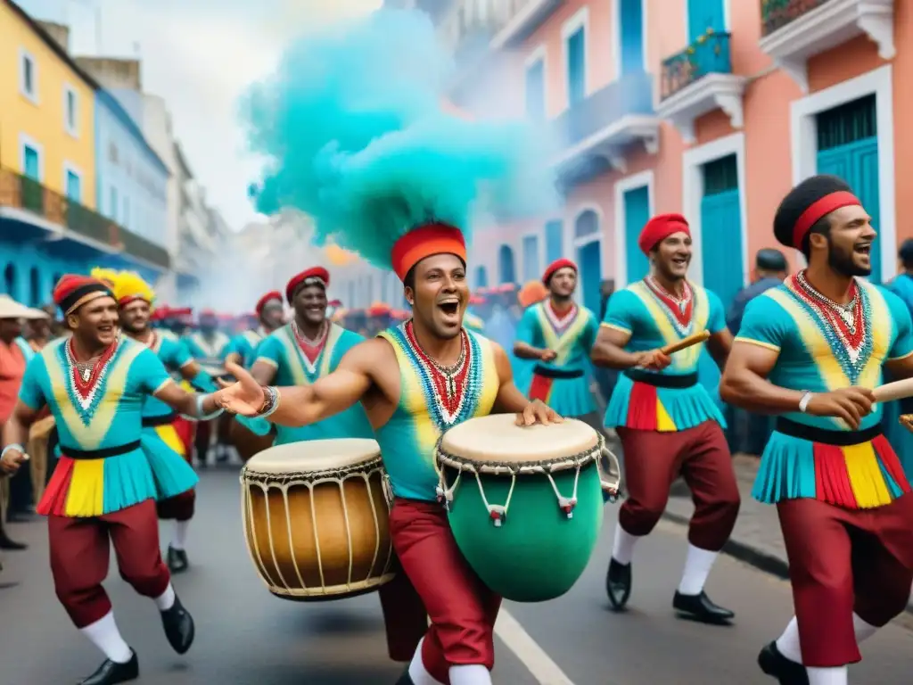 Desfile de tambores Candombe: pasión y color en Uruguay Un vibrante cuadro de acuarela que retrata a tamborileros de Candombe en atuendos tradicionales, tocando con pasión en un desfile callejero