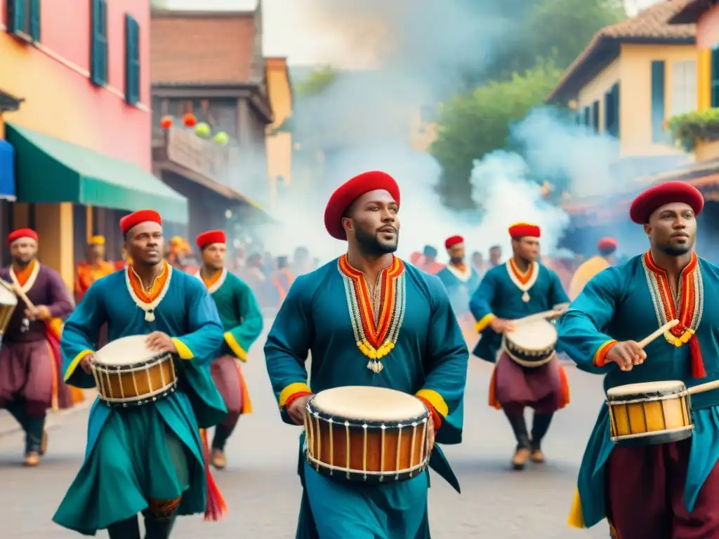 Tamborileros enérgicos danzan al ritmo vibrante Un vibrante cuadro de acuarela muestra a tamborileros practicando con energía al aire libre, en preparación física para Candombe