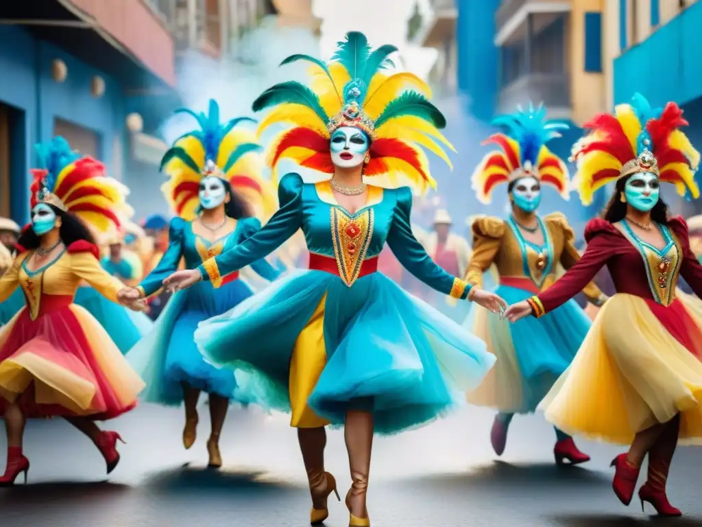 Baile vibrante y colorido en el Carnaval Uruguayo Un vibrante cuadro de acuarelas con bailarines del carnaval uruguayo celebrando la historia y la danza con pasión y energía
