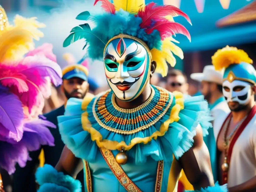 Retrato acuarela de artistas de carnaval en vibrantes atuendos Un vibrante cuadro de acróbatas en el Carnaval uruguayo, cada uno con máscaras y vestimentas únicas, listos para contar historias personales