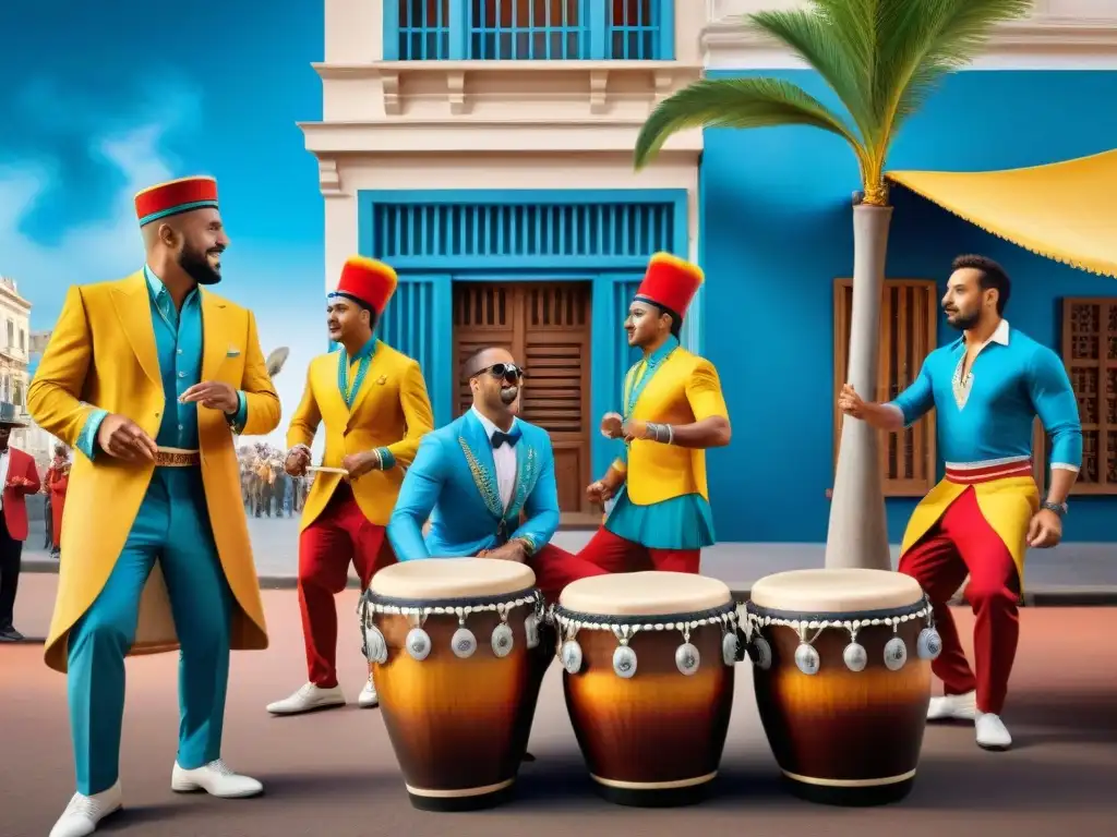 Ritmos vibrantes: tamborileros de candombe en Montevideo Un vibrante cuadro de talleres de candombe en Uruguay, con músicos, colores y energía palpable en las calles de Montevideo