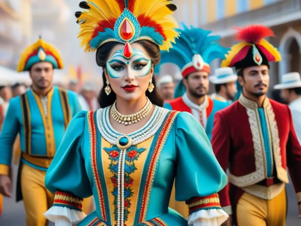 Coloridos trajes de Carnaval uruguayo: acuarela detallada Un vibrante cuadro de trajes históricos del Carnaval Uruguayo, lleno de color y detalle, en una escena festiva