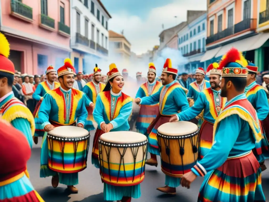 Baile afro-uruguayo: energía y color en el Carnaval Vibrante desfile de bailarines afro-uruguayos en el Carnaval, reflejando la rica cultura y energía festiva