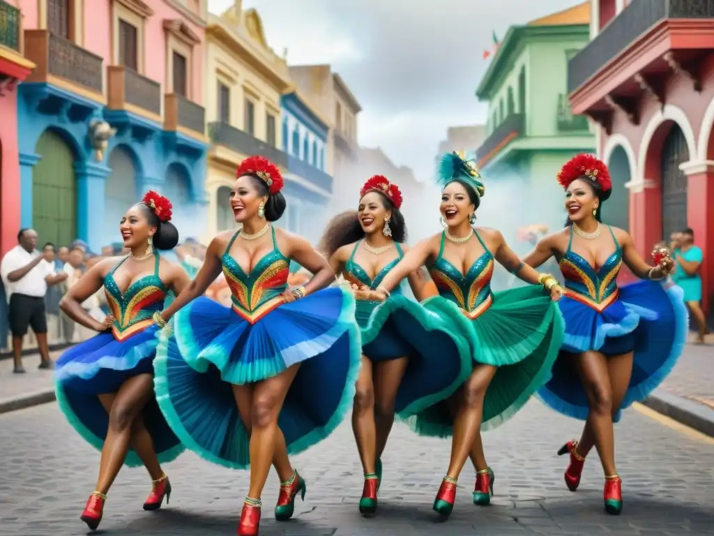 Un vibrante desfile de bailarines de Candombe en trajes tradicionales en Montevideo, Uruguay
