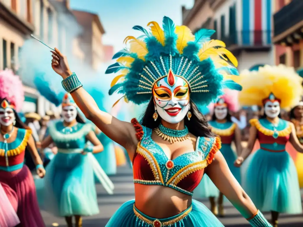 Desfile de Carnaval en Uruguay: danza y color en acuarela Un vibrante desfile de bailarines de carnaval uruguayo con máscaras y tocados, rodeados de espectadores emocionados
