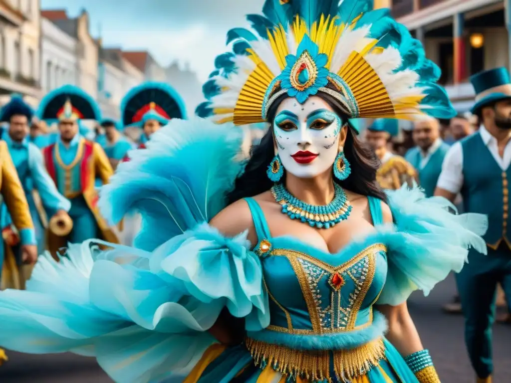 Deslumbrante baile de Carnaval Uruguayo en acuarela Un vibrante desfile de bailarines de Carnaval Uruguayo en trajes tradicionales, capturado en una ilustración de acuarela detallada y colorida