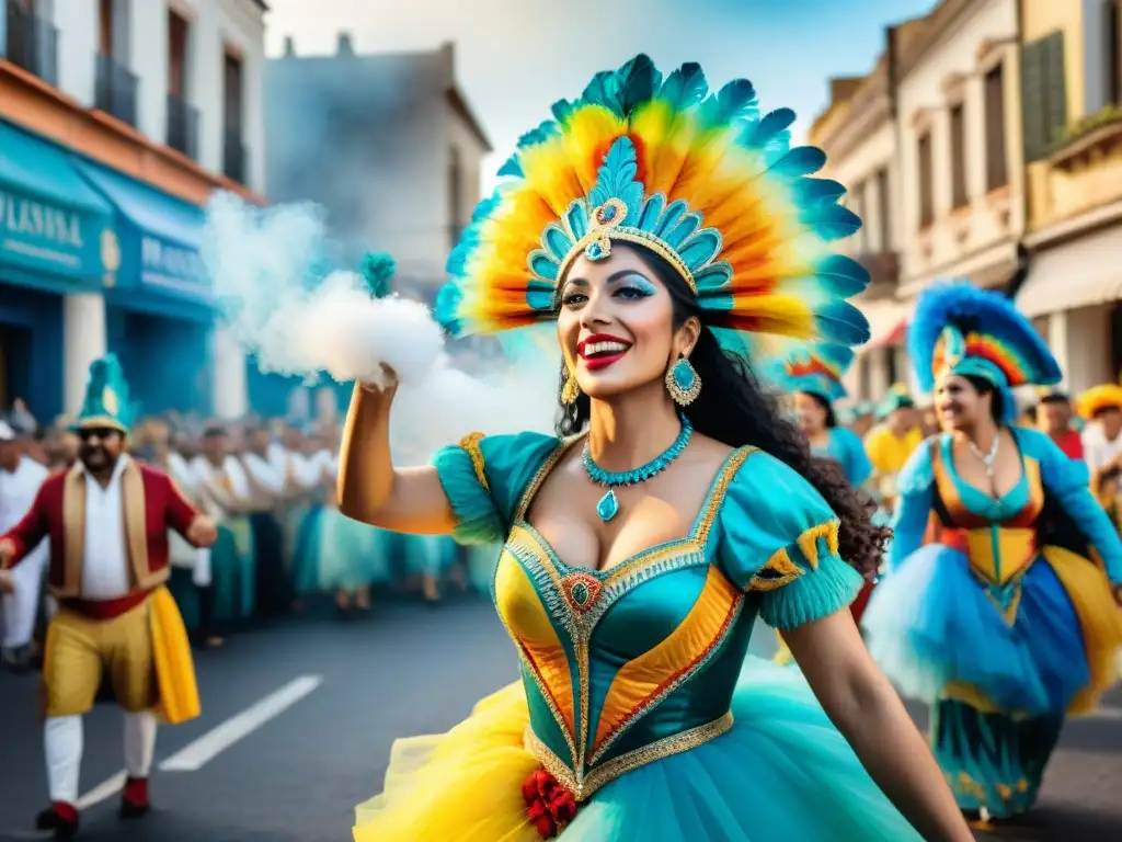 Deslumbrante desfile de Carnaval en Uruguay Un vibrante desfile callejero durante el Carnaval en Uruguay con bailarines, músicos y espectadores disfrutando de la festividad