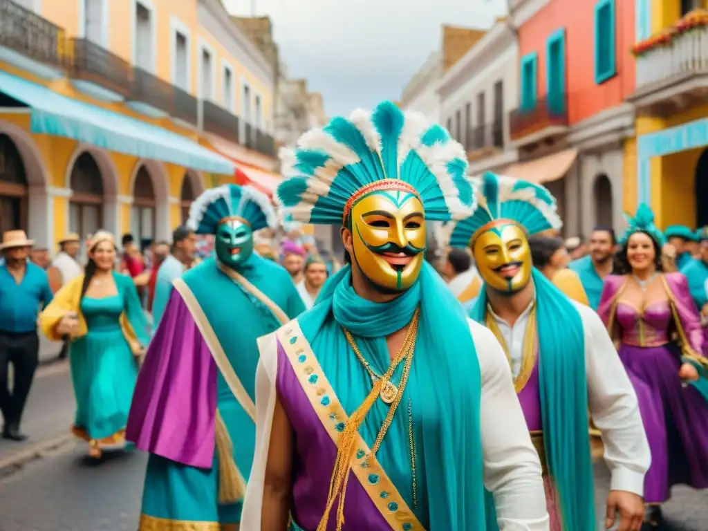 Un vibrante desfile callejero durante el Carnaval en Uruguay, con coloridos trajes tradicionales y música alegre