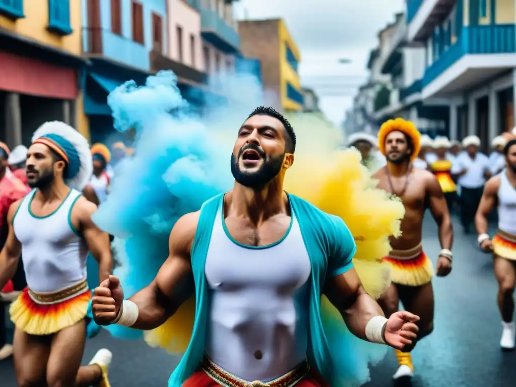 Desfile vibrante en Carnaval de Uruguay: Candombe y alegría Vibrante desfile callejero durante el Carnaval en Uruguay, con tambores de Candombe y bailes exuberantes