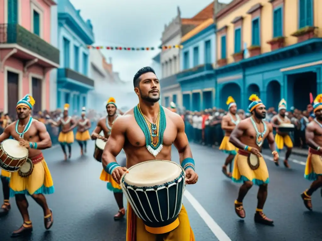 Desfile de Carnaval en Uruguay: música, baile y colorido Un vibrante desfile callejero durante el Carnaval en Uruguay, con músicos de candombe y bailarines en trajes coloridos