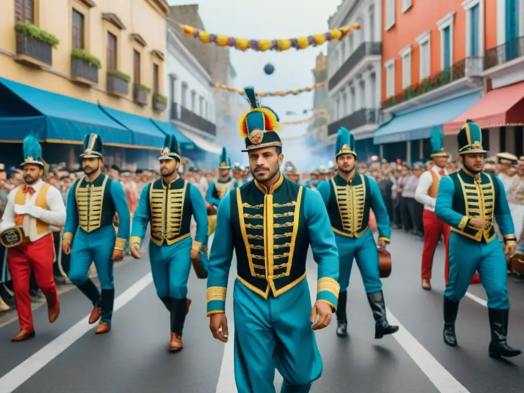 Deslumbrante desfile de Carnaval en Uruguay Un vibrante desfile callejero durante el Carnaval en Uruguay, con carrozas coloridas, bailarines y espectadores