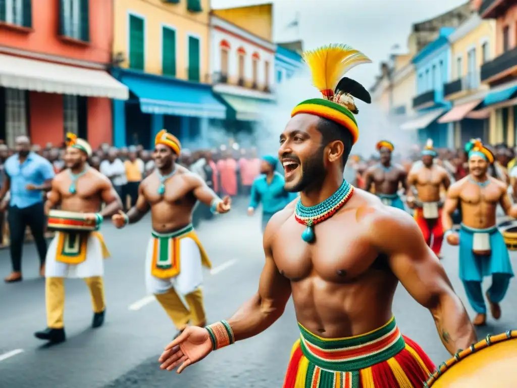 Desfile callejero vibrante: danzas y tambores de Candombe Un vibrante desfile callejero donde personas de diversos orígenes bailan alegremente al ritmo de tambores de Candombe