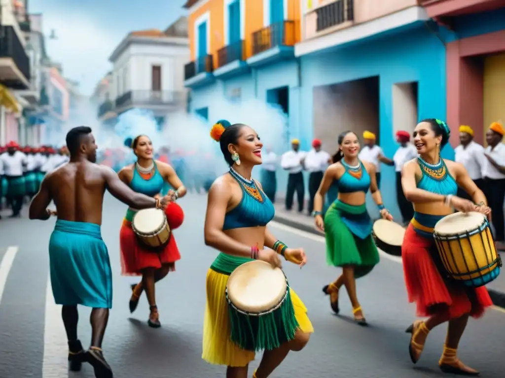 Vibrante candombe: danzas afro-uruguayas en Montevideo Un vibrante desfile de candombe en Montevideo, con bailarines y tambores, capturando la esencia de la celebración cultural y comunitaria en Uruguay