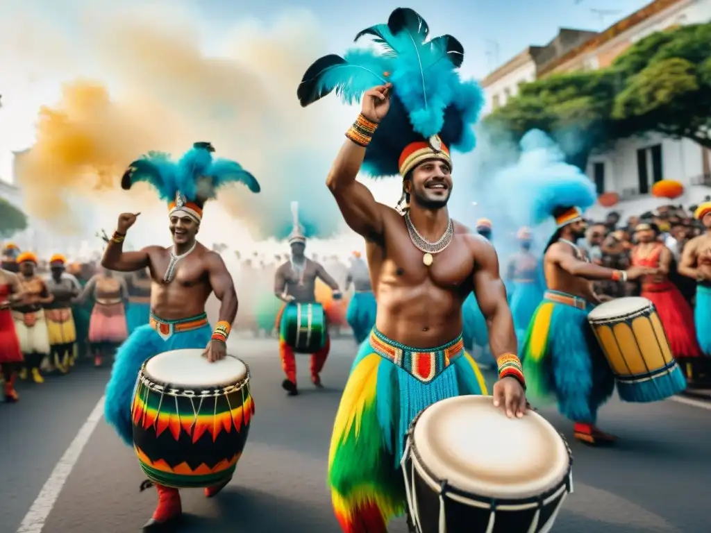 Un vibrante desfile de Candombe en Uruguay, con coloridos trajes y movimientos dinámicos