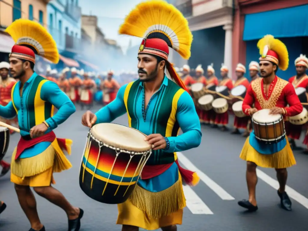Pintura acuarela vibrante de desfile de Candombe en Uruguay Un vibrante desfile de Candombe en Uruguay con grupos de tambores en trajes tradicionales tocando ritmos